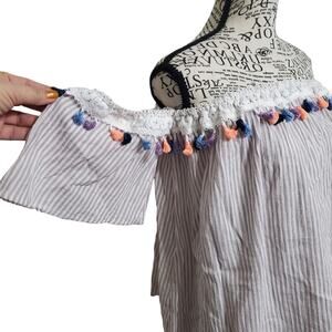 Listicle Top Tassle Fringe Off The Shoulder Brown White Stripe Relaxed Fit Large